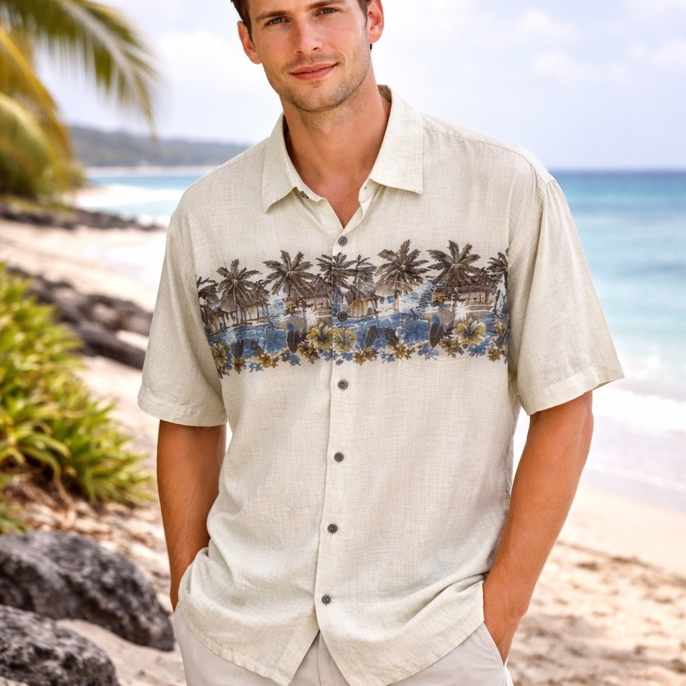Campia Vintage Cream Tropical Palm Tree Print Short Sleeve Button Up Shirt Large